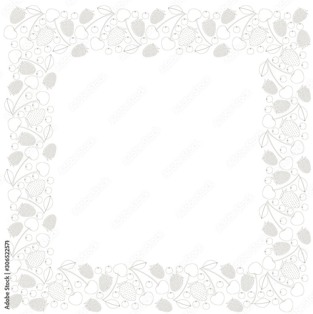 Black and white frame of whole strawberries, cherries, blackberries, raspberries and blueberries. Vector. Black and white frame of whole strawberries, cherries, blackberries, raspberries and blueberries. Vector.