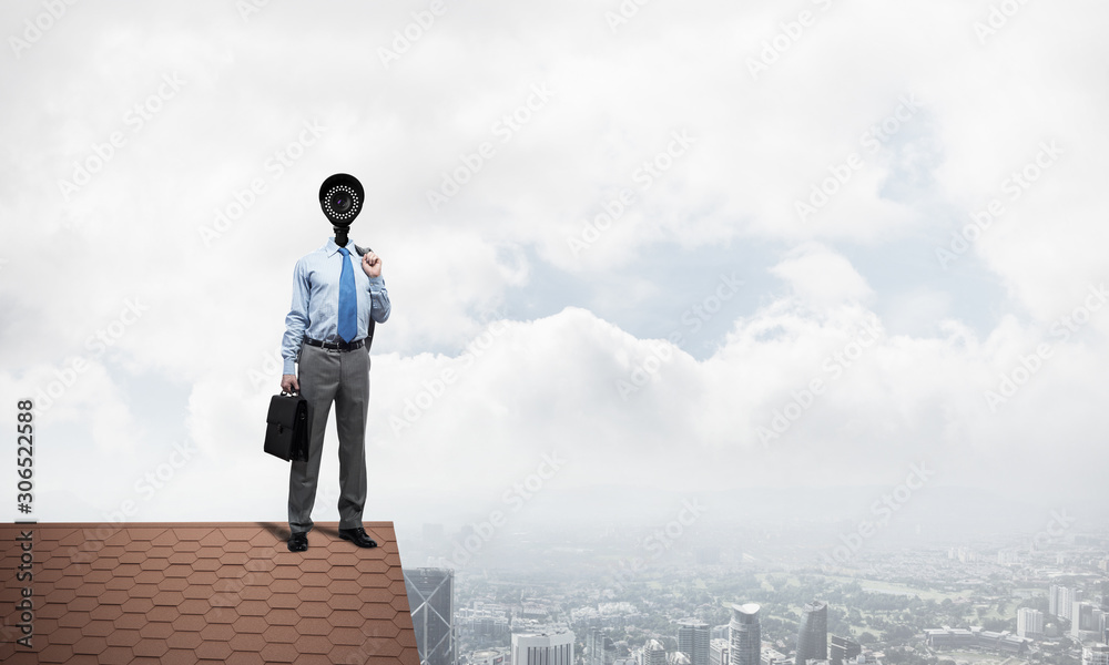 Concept of home security and privacy protection with camera headed man Concept of home security and privacy protection with camera headed man