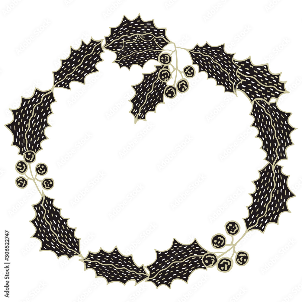 Christmas wreath of berries and leaves of mistletoe in a Scandinavian style. Black and gold colors. Frame for text on a white background. Decorative design element. Isolated hand-drawn vector template