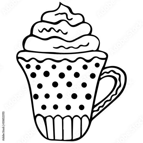 Hand-drawn decorative mug of cappuccino, glasse, hot chocolate, mokkachino with foam. Isolated black and white doodle in scandinavian style. Vector. photo