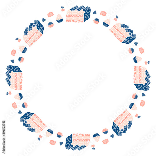 Round isolated frame made of pink-blue desserts of tiramisu, cakes, macarons and truffes in Scandinavian style on a white background. Vector.