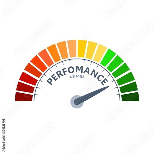 Color scale with arrow from red to green. The perfomance level measuring device icon. Sign tachometer, speedometer, indicators. Colorful infographic gauge element.