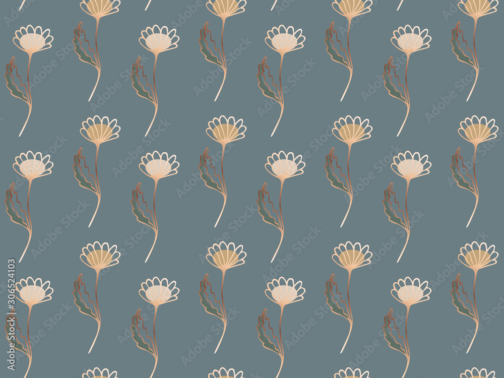 Obraz premium Elegant trendy seamless pattern of hand-drawn chrysanthemums with golden contours on a stylish gray background. For fabric, textile, wallpaper, decor, etc. Vector.