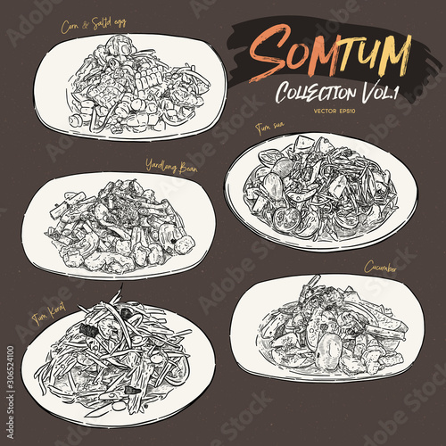 Somtum or papaya salad collection. Hand draw sketch vector.