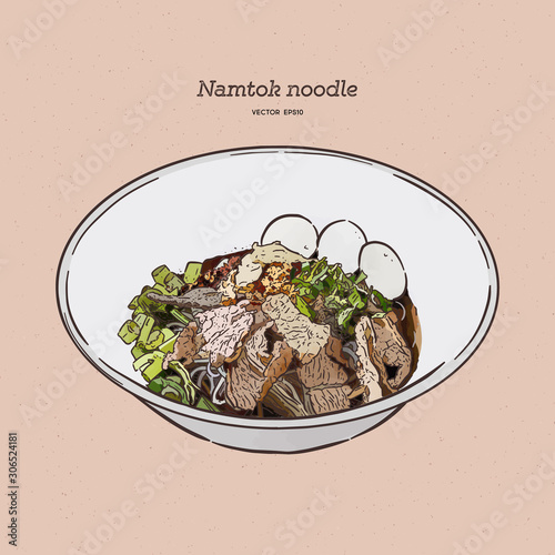 Thai stlye noodle blood soup serve with pork ball and vegetable topping with fried galic in Thailand call "Namtok". Thai boat noodle. Hand draw sketch vector.