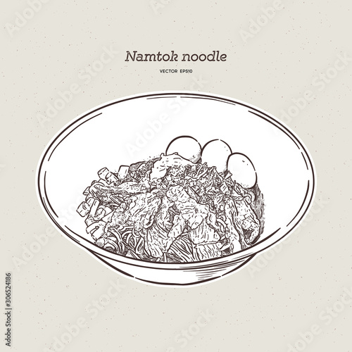Thai stlye noodle blood soup serve with pork ball and vegetable topping with fried galic in Thailand call "Namtok". Thai boat noodle. Hand draw sketch vector.