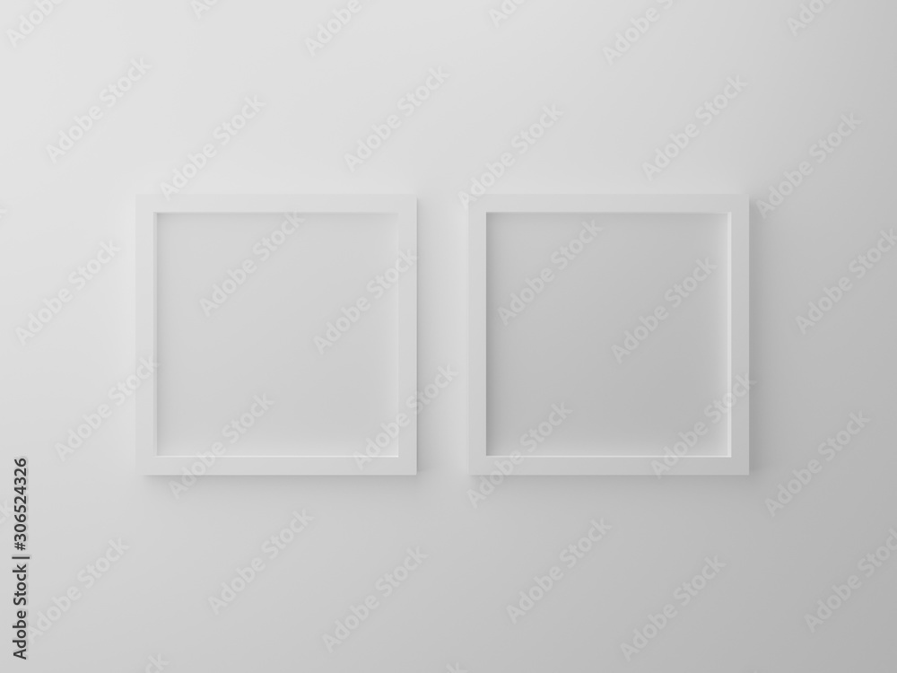 Blank square empty photo frames isolated on white wall at studio. 3d render design concept for product object. Empty two paper picture hanging on gray background texture for mockup and place image. Blank square empty photo frames isolated on white wall at studio. 3d render design concept for product object. Empty two paper picture hanging on gray background texture for mockup and place image.
