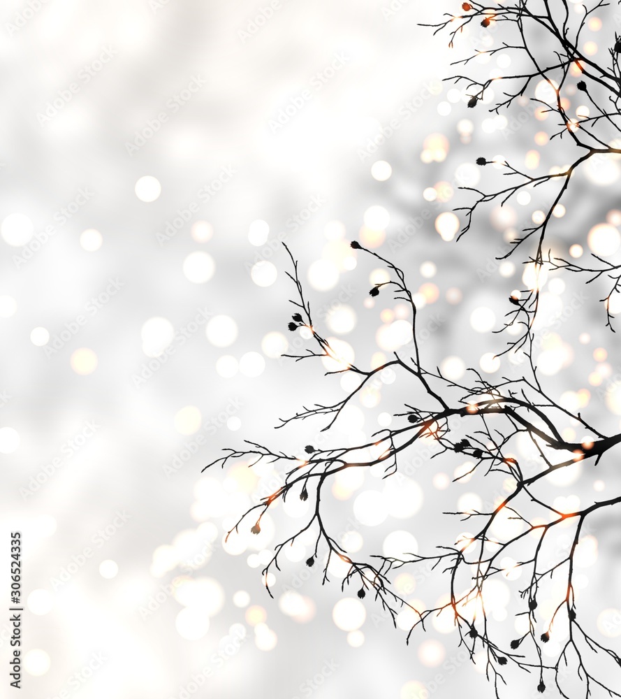 Bright glitter on branches of tree abstract illustration. Light silver bokeh background. Winter holidays decoration.