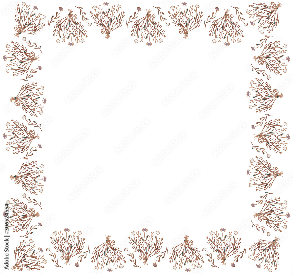 A square frame of abstract flowers and bouquets with golden contours on a white background. For invitations. Isolated template. Vector.