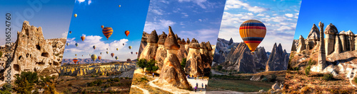 Cappadocia famous landmark collage. Flying air ballons, Stone pillars, Fairy Chimneys, Rock Churches, pillars Pashabag.