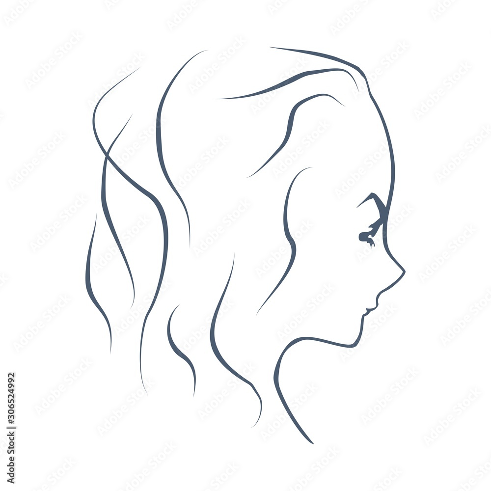 Little girl profile silhouette. Cute adolescent girl portrait. Fashion branding emblem. Thin line style
