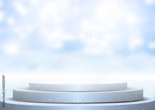 Display podium against blurred winter background