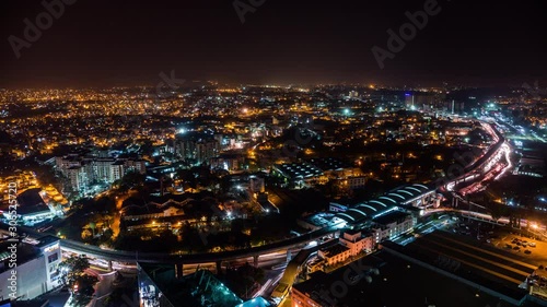 High angle view on Sandal Soap Factory metro station and Yeswanthpur industrial park time lapse at night