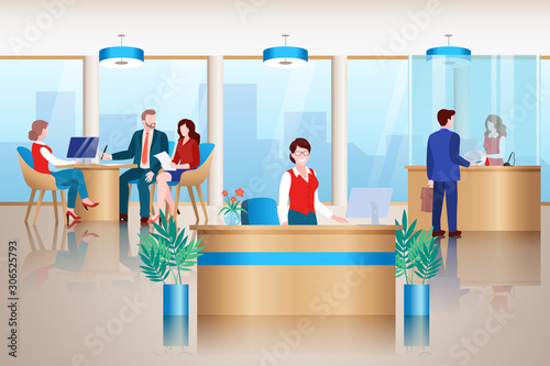 Bank office interior. Banking service, loan payments and financial transactions concept. Vector illustration.