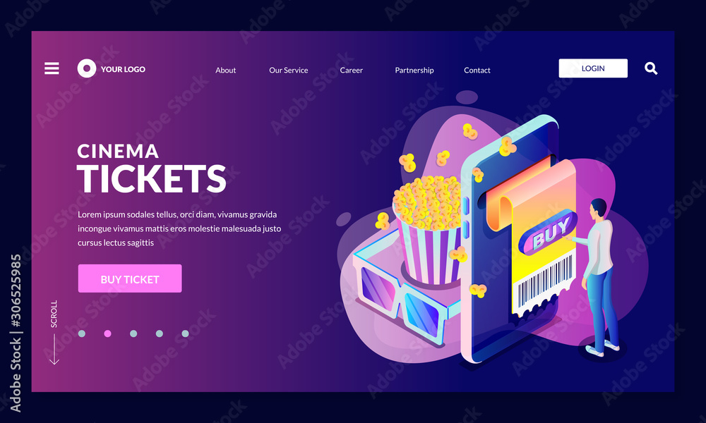 Buying cinema or concert tickets online. Vector 3d isometric illustration. Movie premiere, theater show concept