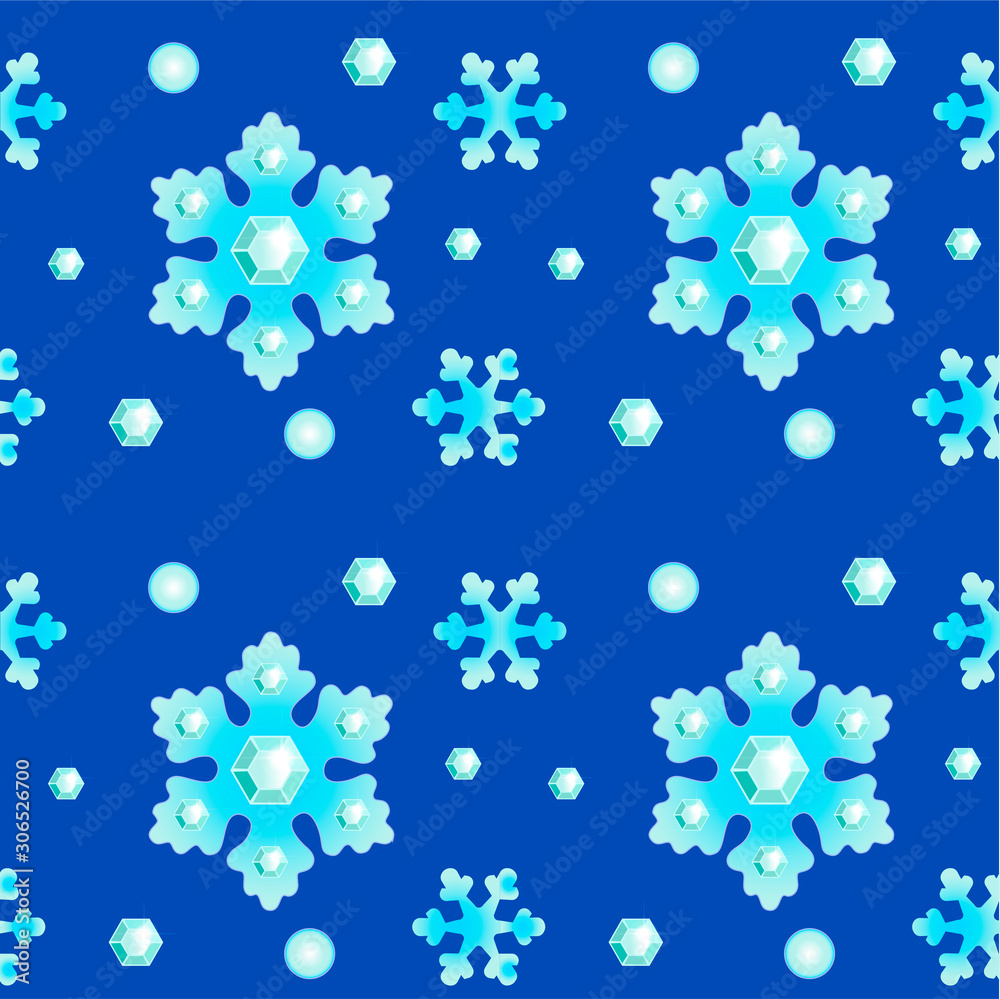 Seamless winter pattern - blue snowflakes and shiny rhinestones on a dark blue background. Vector winter background - it is snowing, blizzard at night.