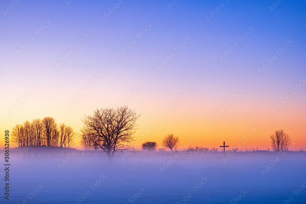 Misty sunrise in winter with tree silhouettes Misty sunrise in winter with tree silhouettes