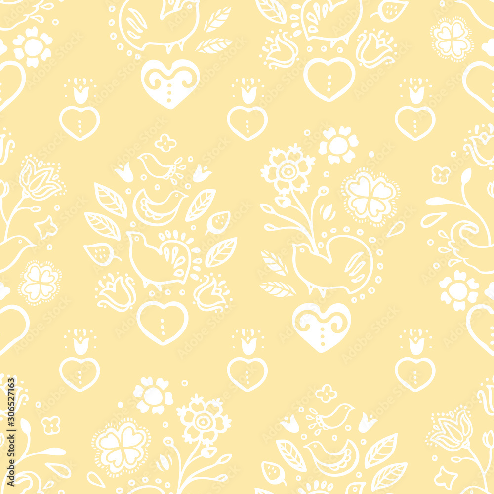 Delicate seamless vector folk art floral pattern with lace style burning heart in white line art. Elegant and festive design for valentine, wedding, mothers day and your personal sweetheart.