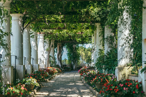 Tablou canvas Beautiful floral passage with columns and plants overhead in garden in Anacapri,