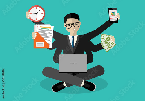 Businessman with multitasking lots of arms doing various office tasks. Keep calm. Business concept Flat design