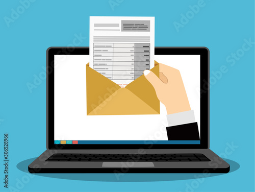 Email marketing conceptual, Hand from a monitor screen holding e-mail letter, Vector illustration