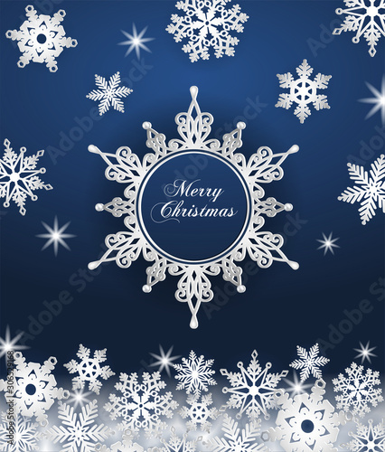 christmas greeting card  with snowflakes on blue background