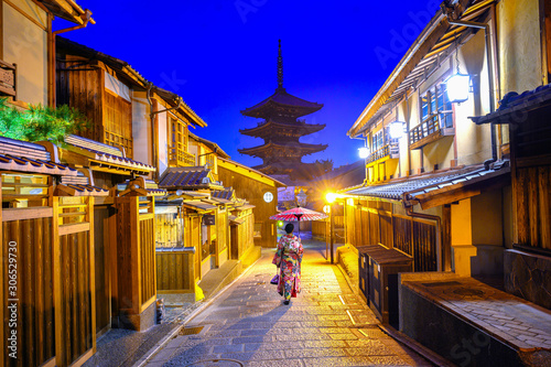 woman in old fashion style wearing traditional or original Japanese dressed  walks alone in the middle of street of the village in an early morning  japan old fashion style attractive