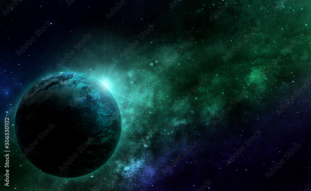 beautiful abstract illustration, planet Earth in space and the shining of stars in green tones in blue radiance beautiful abstract illustration, planet Earth in space and the shining of stars in green tones in blue radiance
