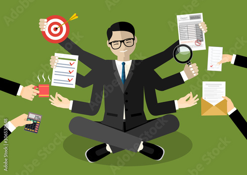 Businessman with multitasking lots of arms doing various office tasks. Keep calm. Business concept Flat design