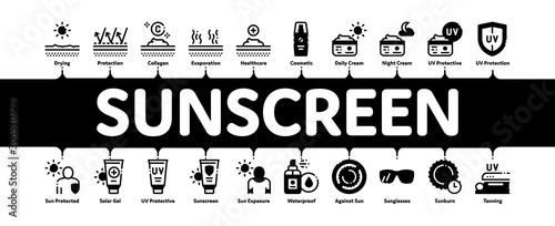 Sunscreen Minimal Infographic Web Banner Vector. Sun Lotion And Medical Cream, Protection Skin And Human Silhouette, Sunscreen Concept Illustrations