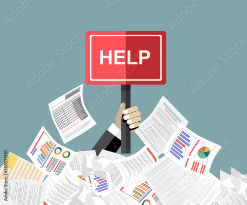 Businessman needs help under a lot of documents and holding a HELP placard.