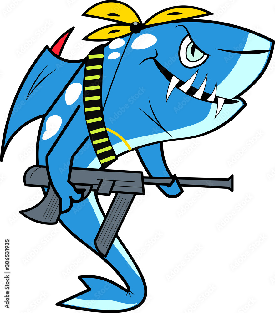 A desperate funny crazy shark fish character holding a gun magazine on  chest Stock Vector