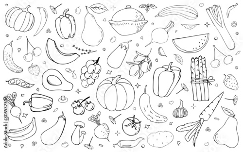 Vector backdrop with vegetables, fruits and berries. Useful for packaging, menu design and interior decoration. Hand drawn doodles. Sketchy collection of elements.