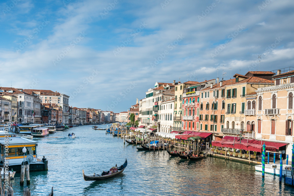View of the Grand Canal with gondolas from Rialto Bridge. Venice, Italy.