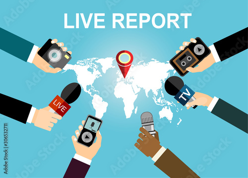 Journalism concept vector illustration in flat style.Vector live report concept, live news, hands of journalists with microphones, camera and tape recorders