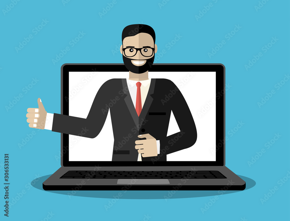 Businessman out of screen monitor with thumb up. Flat design concept vector illustration Businessman out of screen monitor with thumb up. Flat design concept vector illustration