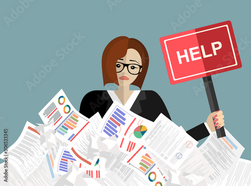 Businesswoman needs help under a lot of documents and holding a HELP placard