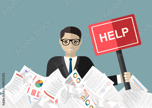 Businessman needs help under a lot of documents and holding a HELP placard