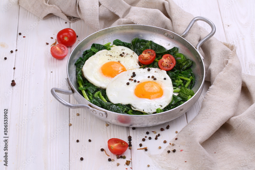 Fried eggs in a pan on a white background Fried eggs in a pan on a white background