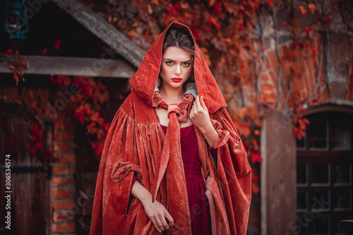 Beautiful girl in a burgundy coat and red dress on the background of the castle in the park, October