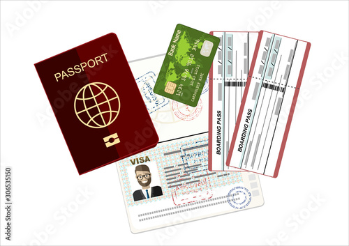 Passport, credit card and airline boarding pass ticket. Vector illustration in flat design