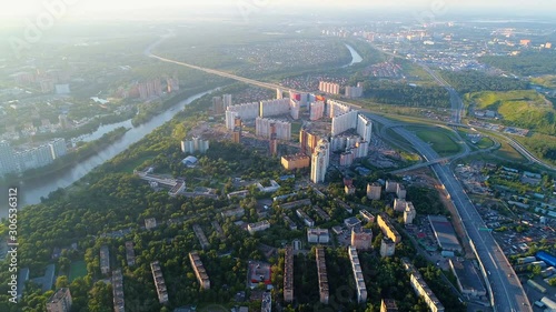 View of the city at sunset in summer