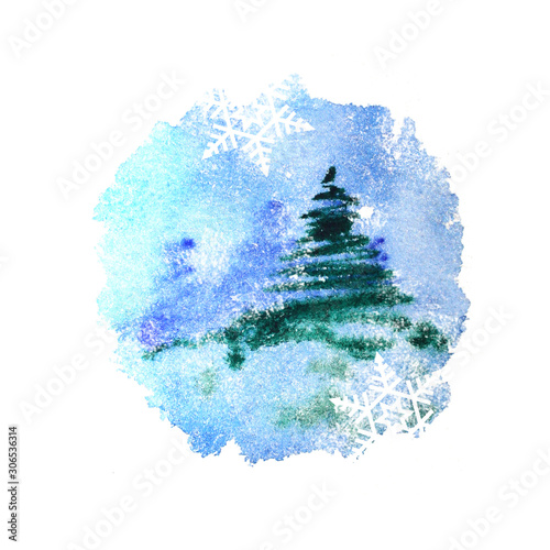 Christmas tree card. Watercolor paint greeting.