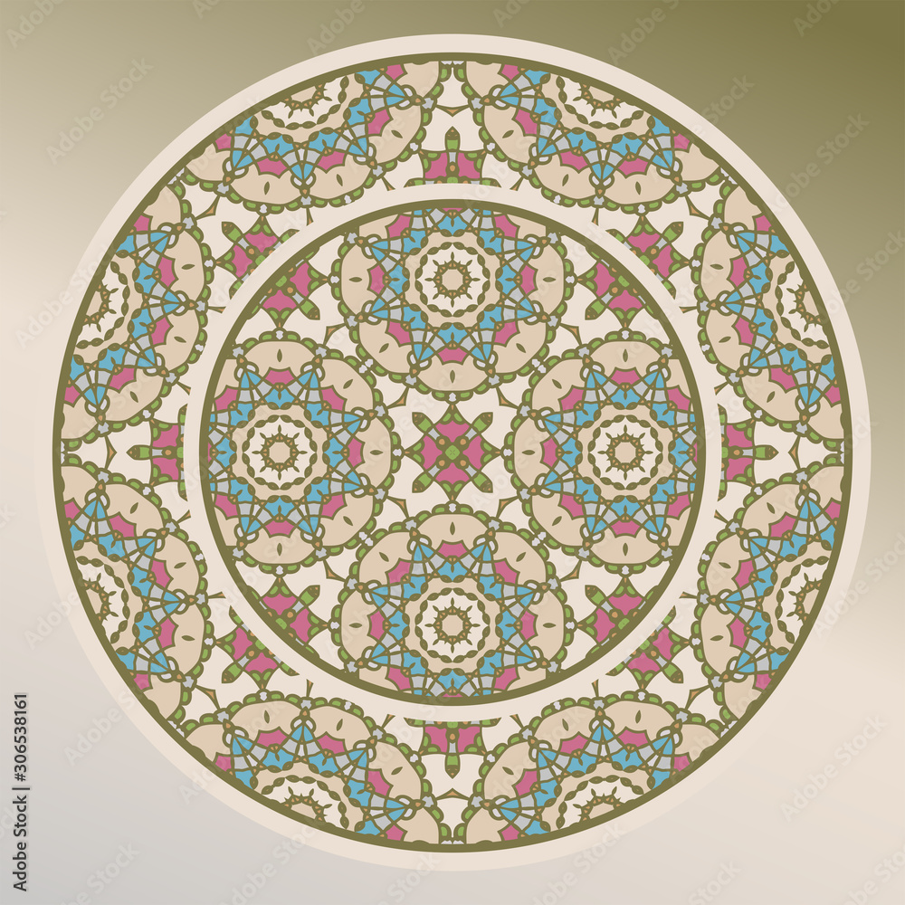  Decorative plate and mandala for interior design. Home decor..Creative color abstract geometric pattern, vector seamless, can be used for printing onto fabric, interior, design, textile