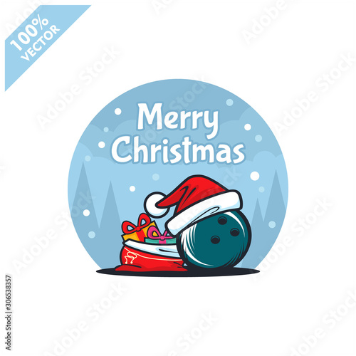 Bowling ball santa hat with christmas gift bags logo vector