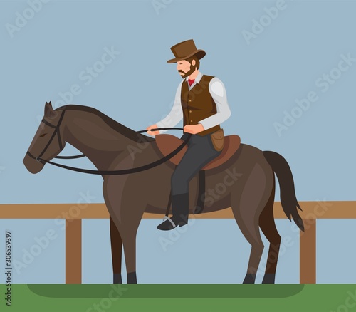 Cowboy riding black horse concept illustration design vector 