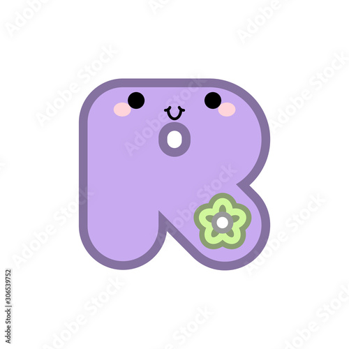 Cute cartoon letter R smiling face with eyes and mouth on white background. Cute ABC design for book cover, poster, card, print on baby's clothes, pillow etc. Vector illustration