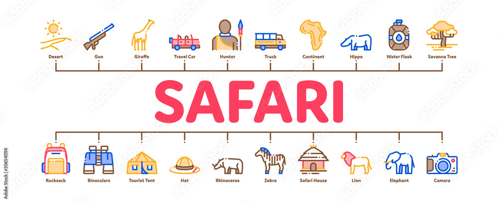 Safari Travel Minimal Infographic Web Banner Vector. Animal And Africa, Car And Tree, Human Silhouette And Hat Safari Adventure Concept Illustrations