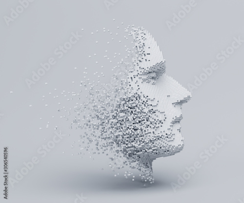 Abstract human face, 3d illustration of a head constructing from cubes, artificial intelligence concept