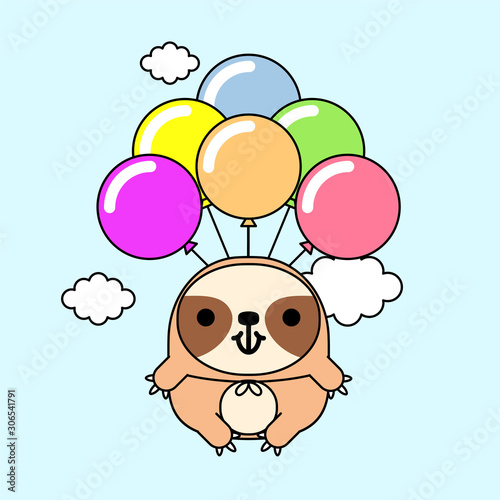 Cute cartoon sloth with colorful balloons. birthday card design. children s illustration